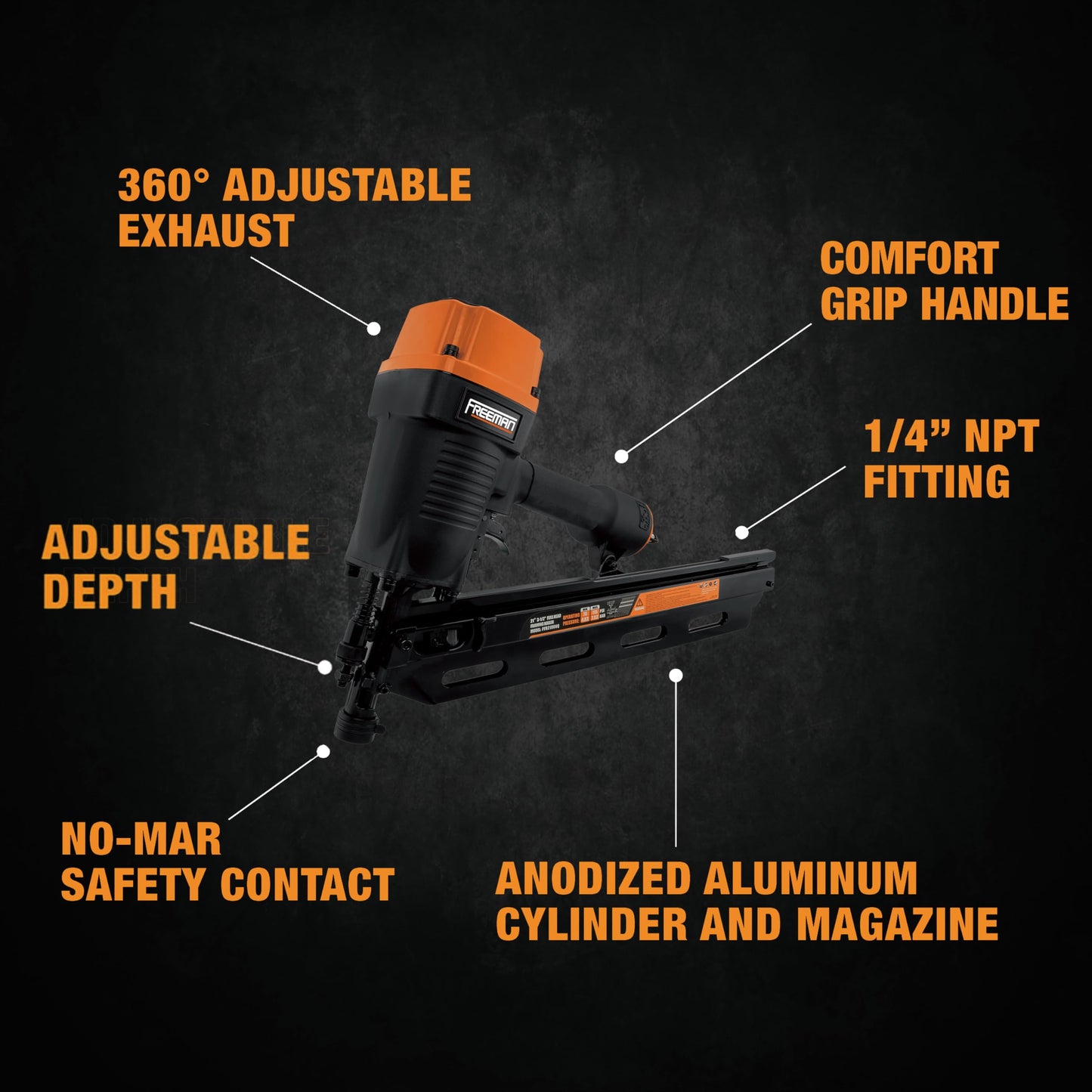 Freeman Pneumatic 21 Degree Framing Nailer with Nails | 2" – 3-1/2” Full Round Head Nails | Anti-Dry-Fire, Dual Trigger, Depth Adjust, and Comfort Grip | PFR2190NQ
