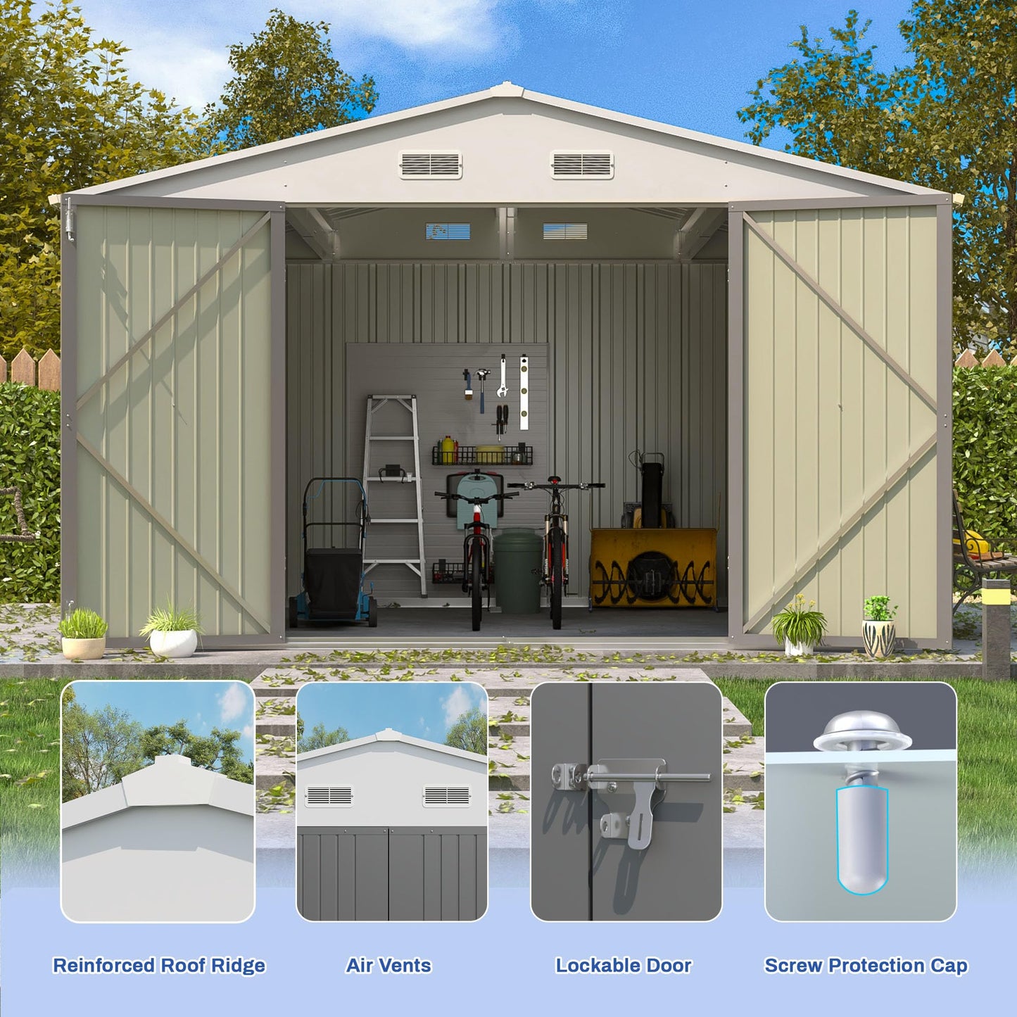 Patiowell 10x8 FT Storage Shed, Outdoor Metal Sheds with Lockable Door and Sloping Roof, Waterproof Outside Large Garden Tool Shed with Breathable Vents for Patio Lawn Backyard, Gray