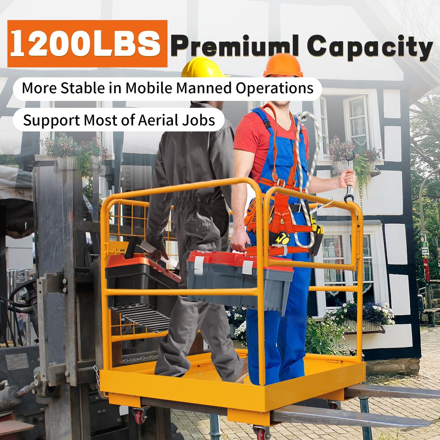 Forklift Safety Cage 36x36 Inch Forklift Man Basket Heavy Duty Lift Basket with 4 Wheels 1200LBS Capacity Safety Set for Most Aerial Jobs