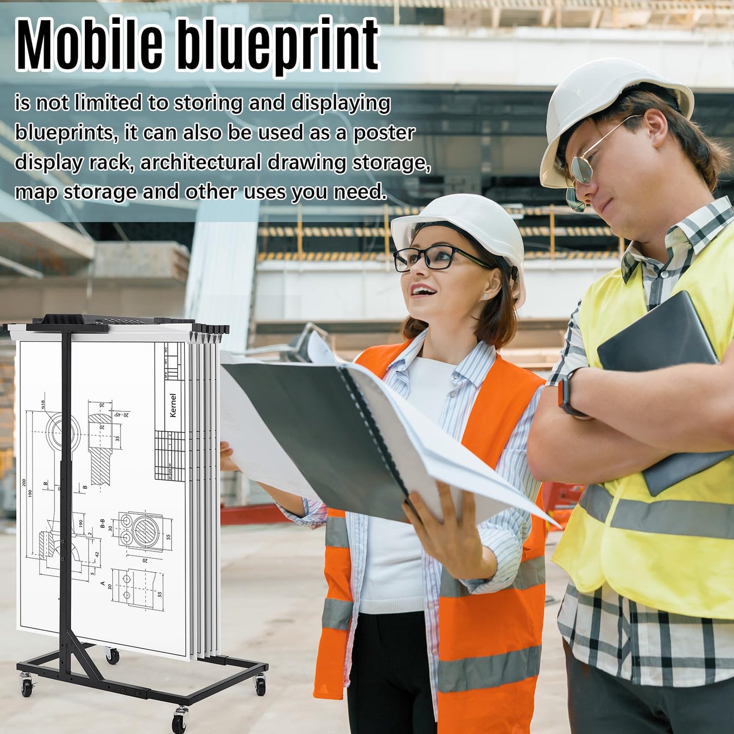 Estune Mobile Blueprint Storage Stand Rack Fits 18-24" Blueprint Clamps Large Document Storage Shelf for Construction Plans, Cad Drawings, Maps on Jobsite and Office (Without Hanging Clamps)