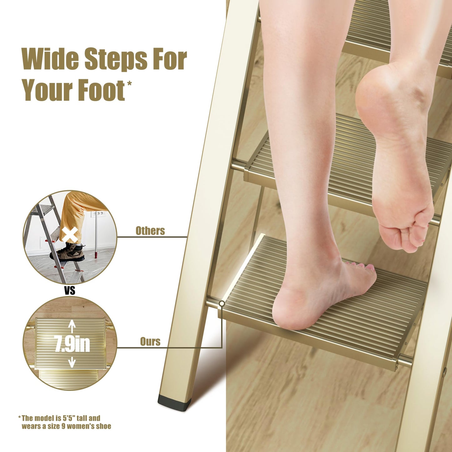 SOLADDER 6 Step Ladder, Folding Step Stool with Handgrip and Anti-Slip Wide Pedal, Portable Lightweight Aluminum Stepladder for Kitchen, Home, Library, Office (300 lbs Capacity) - Gold
