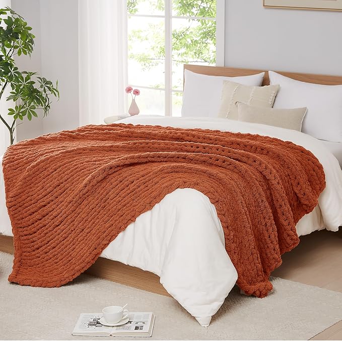 L'AGRATY Chunky Knit Blanket Throw: 50''x60'' Chenille Chunky Knitted Throw Blanket for Bed Couch - Handmade Thick Big Cable Knit Blanket - Large Crochet Rope Blankets for Home Decor(Rusty Orange)