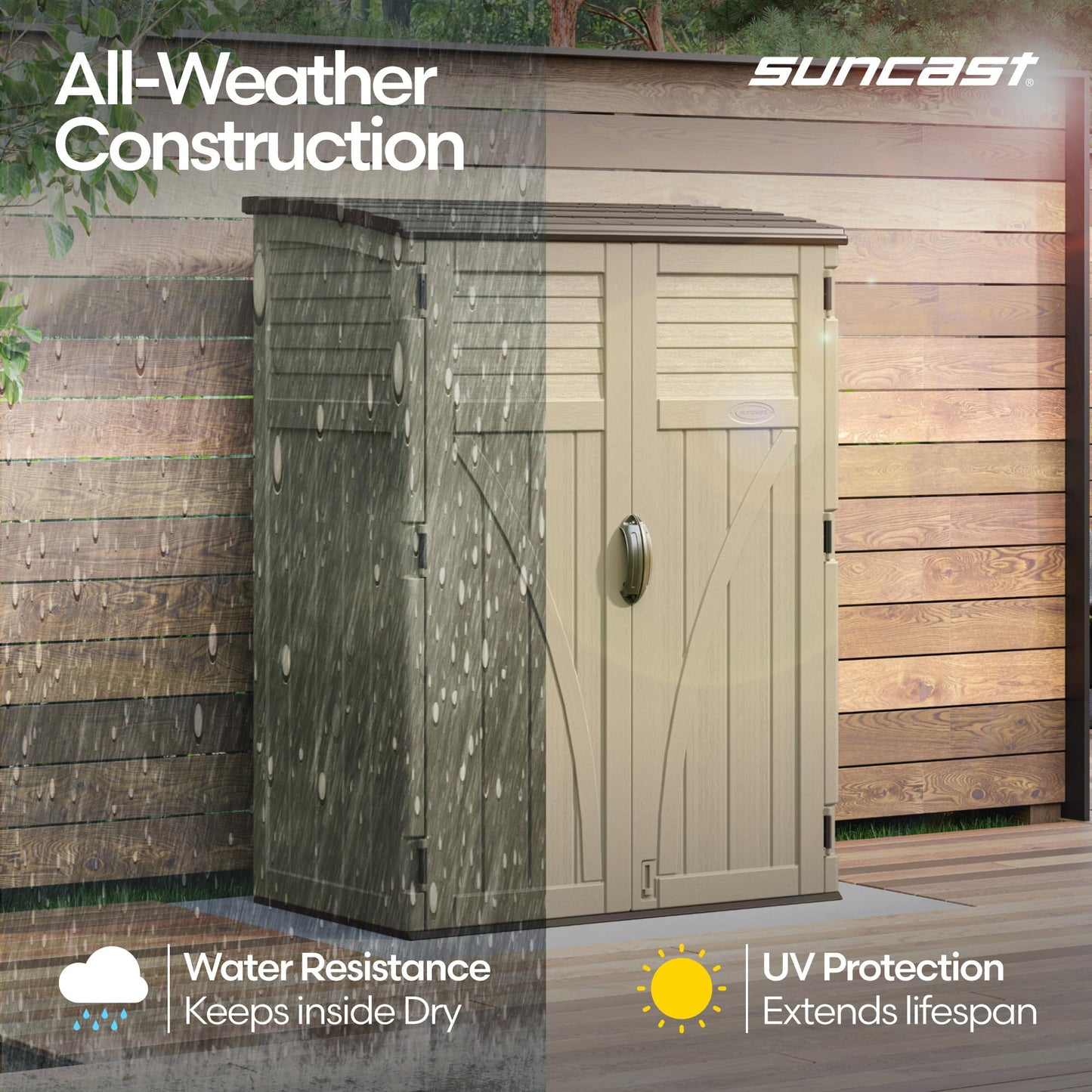 Suncast Outdoor Storage Shed, Water Resistant Resin Vertical Outdoor Storage Cabinet for Patio, Garden Tools, Cushions, & Equipment, Weatherproof Multi-Wall Design, 54 cu. ft., Made in USA