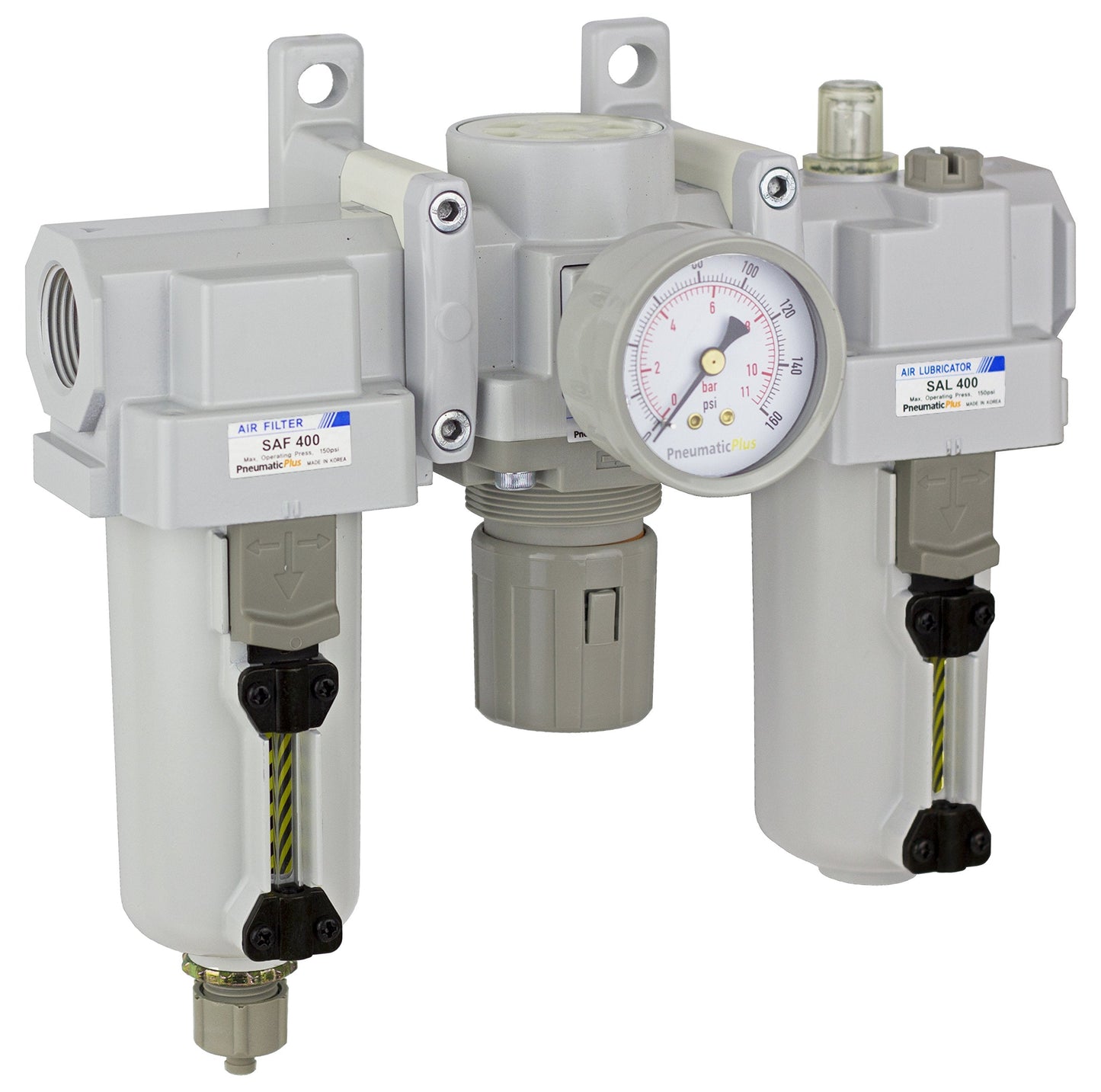 PneumaticPlus SAU400-N06G-MEP Compressed Air Filter Regulator Lubricator Combo 3/4" NPT - Metal Bowl, Manual Drain, Bracket, Gauge