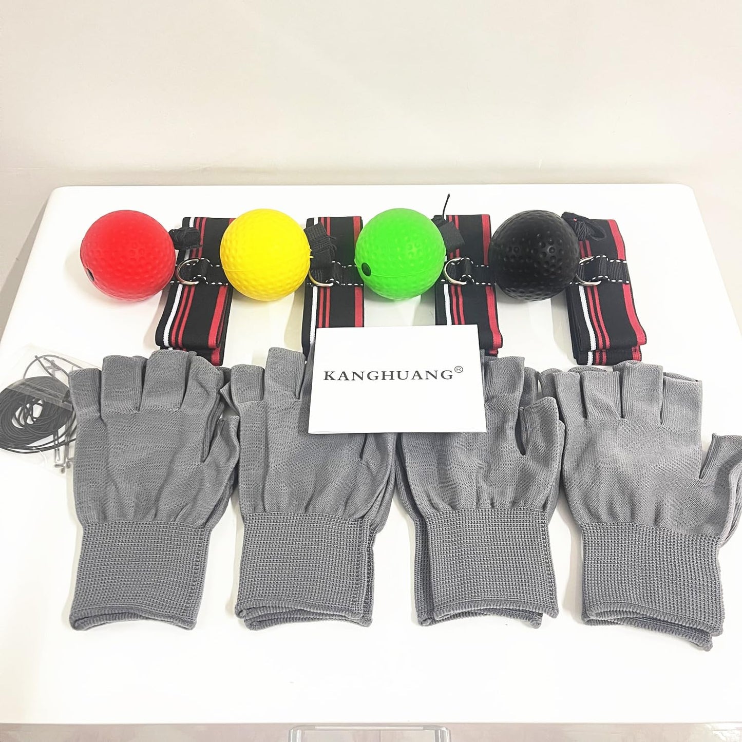 KANGHUANG Reflex Balls Boxing Headband Set for MMA Boxing Kickboxing Training Reaction Ball Kit Includes 4 Different Levels Balls+4 Elastic Headbands+4 Spare Lines+4 Gloves for All People