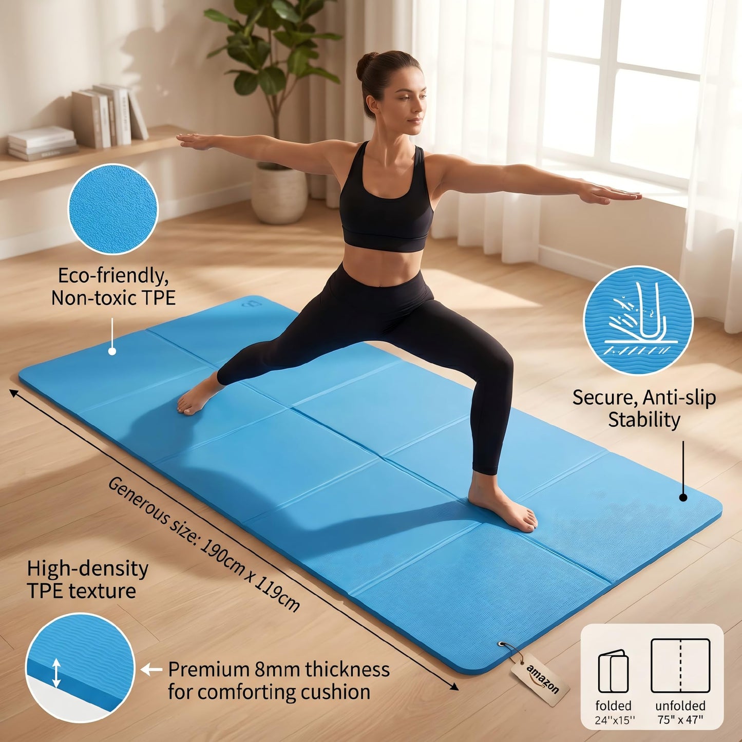 TPE Yoga Mat with Hanging Holes, Wall Mount Workout Mat, Shock Absorbent Fitness Pad for Home Gym, Pilates & Meditation (blue foldable)