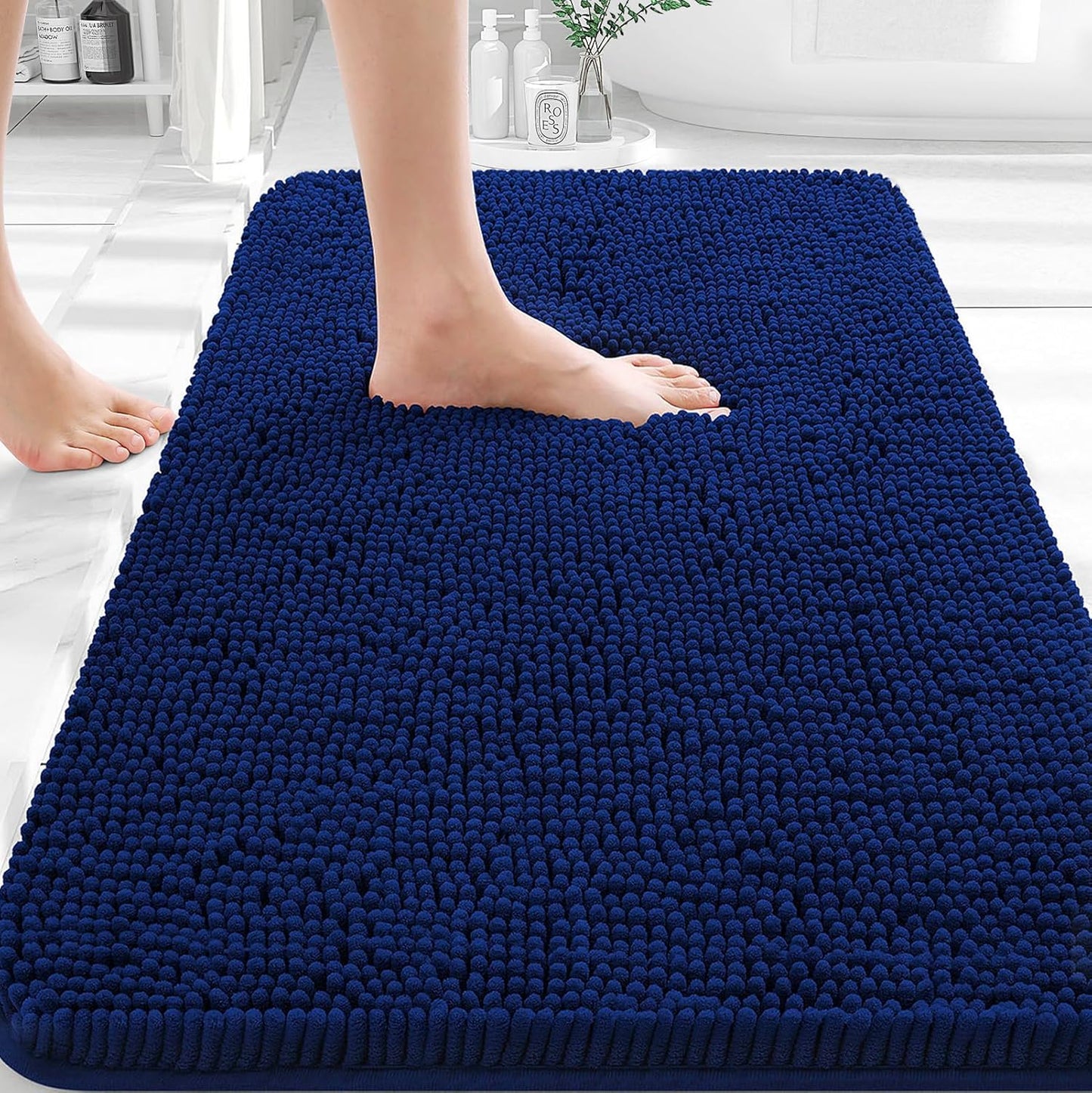 OLANLY Bathroom Rugs - Extra Soft Chenille Bath Mats with Rubber Backing | Quick Dry, Machine Washable, Navy 35x24