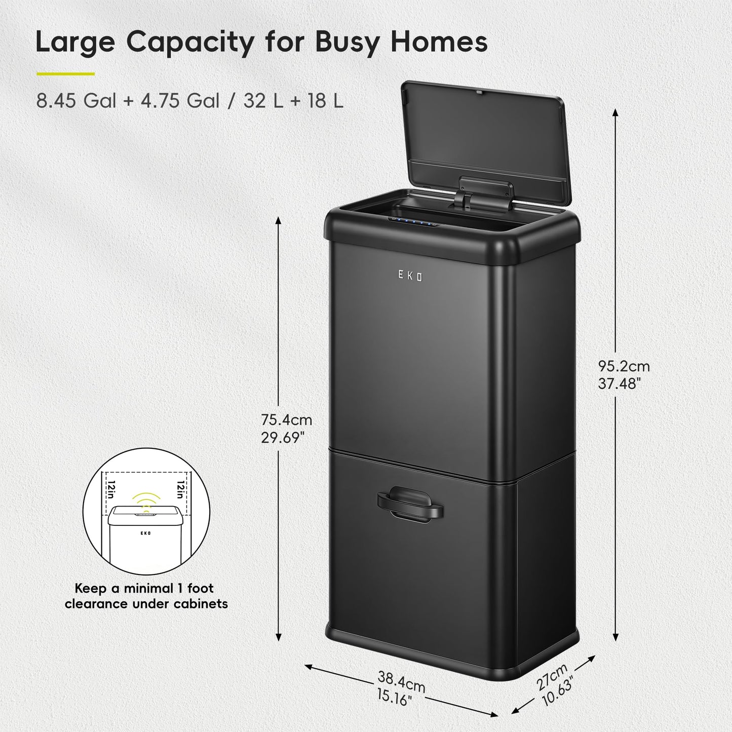 EKO Vintage 50L / 13.2 Gallon Motion Sensor Trash Can, Dual Compartment 32L + 18L Stainless Steel Kitchen Garbage Bin, Touchless Automatic Waste & Recycling Bin with Lid for Home Office, Matte Black