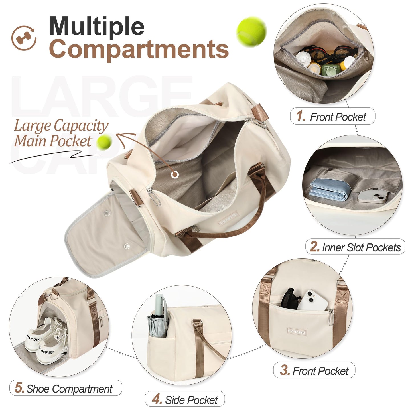 FIORETTO Womens Gym Tote Duffle Bag with Wet Pocket & Shoe Compartment, Sports Duffel Overnight Weekender Hospital Workout Carry on Bag for Girls, Ideal for Travel, Swimming, Dance, Ballet Beige