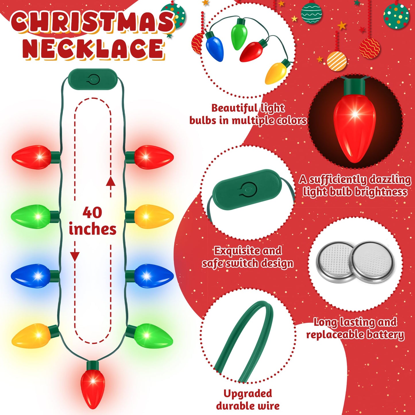 QZYL 16 Pcs Christmas Light Up Necklace, Colorful Christmas Necklaces Bulk, 9 LED Bulbs Novelty Christmas Lights with 3 Flash Modes, Perfect for Xmas New Year Eve Party Favor Supplies Accessories