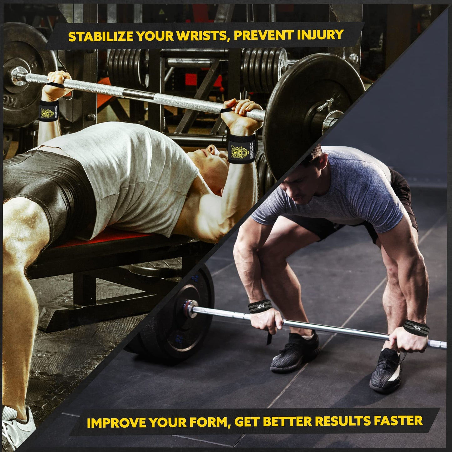 Tribe Lifting Wrist Wraps and Lifting Straps for Weightlifting - Heavy Duty Wrist Straps for Weightlifting Men - Gym Wrist Wraps for Bench Press, Deadlift Straps for Weight Lifting Accessories