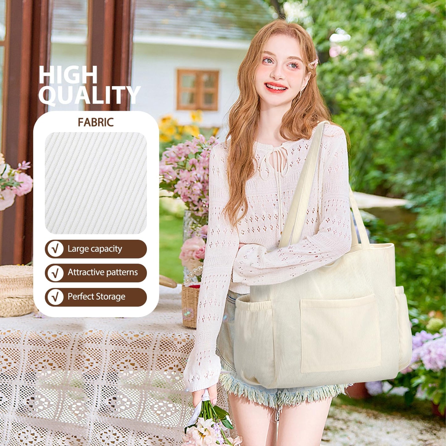 Corduroy Tote Bag for Women, Large Capacity Cute Tote Bags With 6 Pockets, Laptop Tote Bag Crossbody Shoulder Handbag Teacher Nurse Bags for Work Travel Gym(Beige)