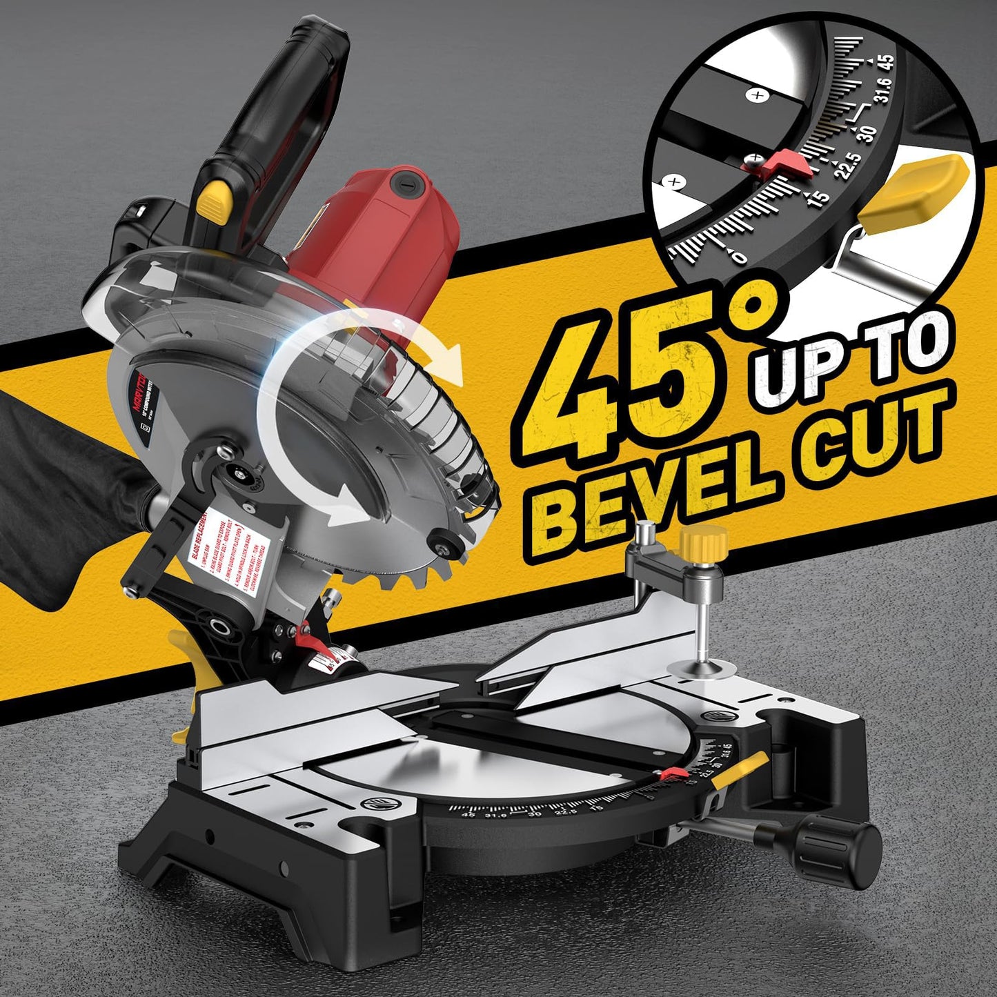 Marvtool 10-inch Compound Miter Saw, 5000RPM, 15 Amp, Single Bevel 0-45° with Extension Table, 36T Blade, Power Saw for Metal, Plastic, Wood, Laminates