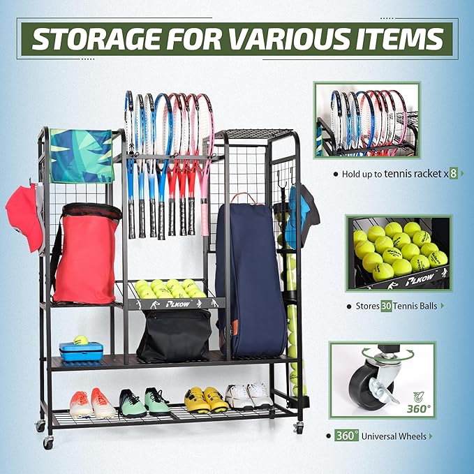 PLKOW Tennis Bag Organizer Tennis Racket Storage Rack, Tennis Equipment Holder for Bags, Balls, Racquet & Accessories, Versatile Gear Organizer for Garage, Club, or School