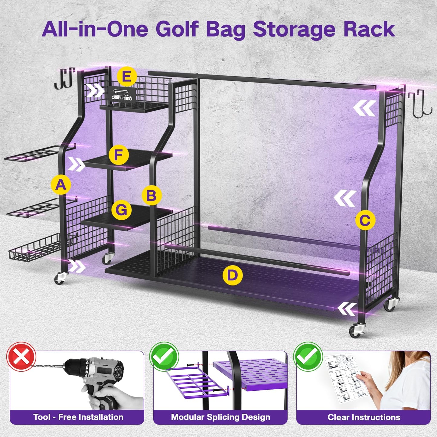 Golf Bag Storage Garage Organizer, Golf Bag Storage Stand and Other Golfing Equipment Accessories Rack, 3 Golf Bag Storage Rack with Wheels, Golf Organizer for Home, Garage, Club, Shed, Basement