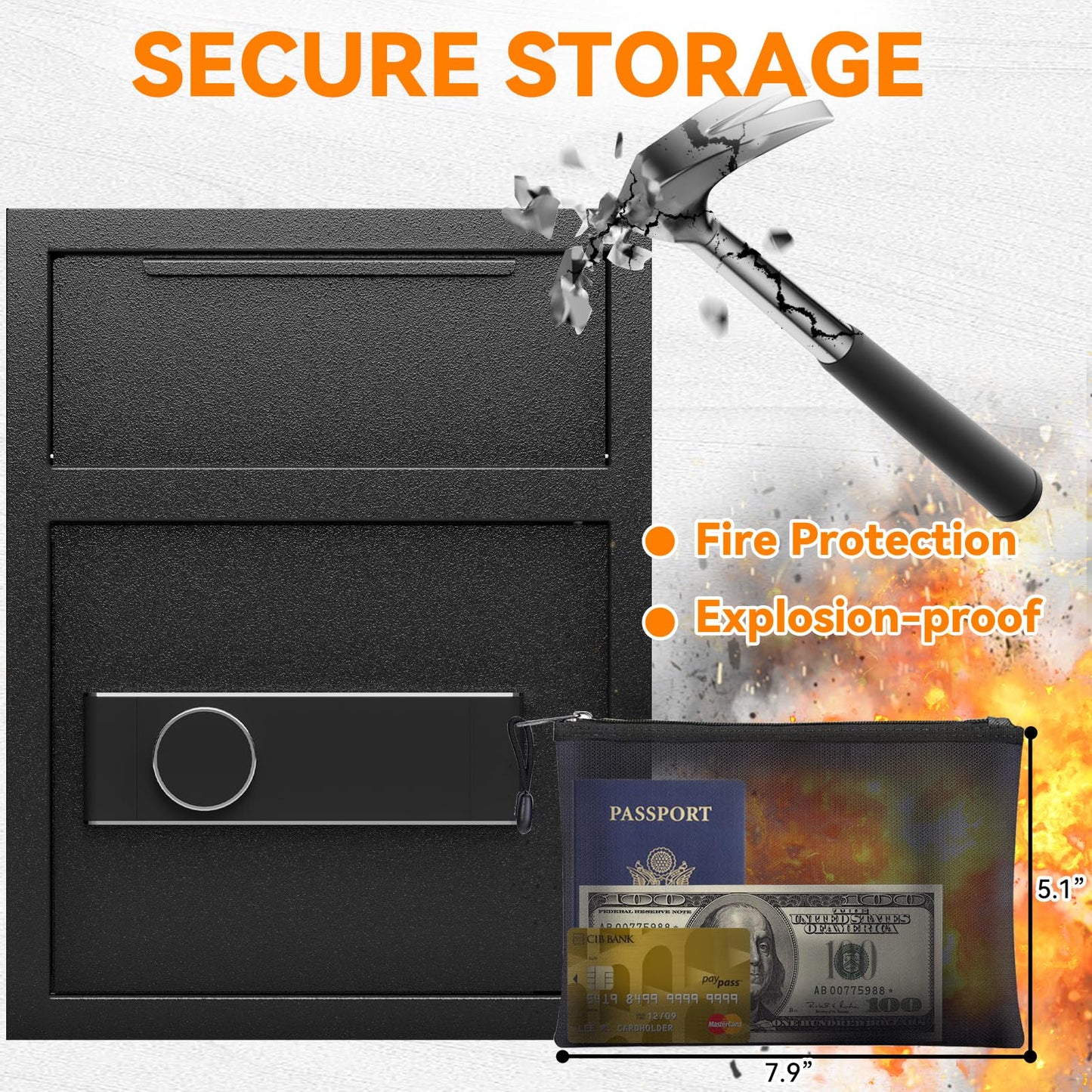 2.0 CUB Depository Drop Safe Fireproof, Front Drop Slot Lock Box with Digital Combination and Anti-Fishing, Silent Deposit Safe Box, Security Money Safe for Cash Slips Expense Business Office Home