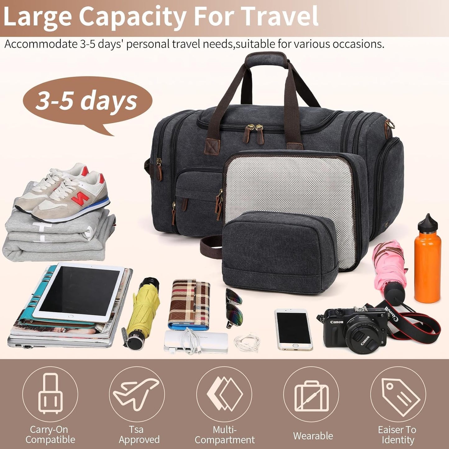 Mens Duffle Bag for Travel 60L Expandable Canvas Weekender Overnight Travel Duffel Bag with Shoe Compartment Carry-On for Airplanes Dark Gray