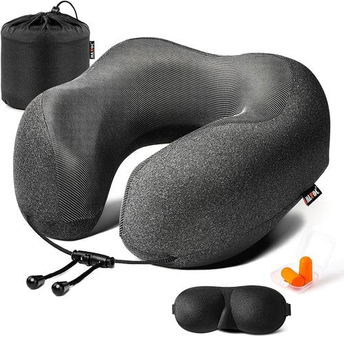 MLVOC Travel Neck Pillow - Upgraded 100% Pure Memory Foam for Airplane Comfort | Includes 3D Eye Mask, Earplugs & Bag - Black