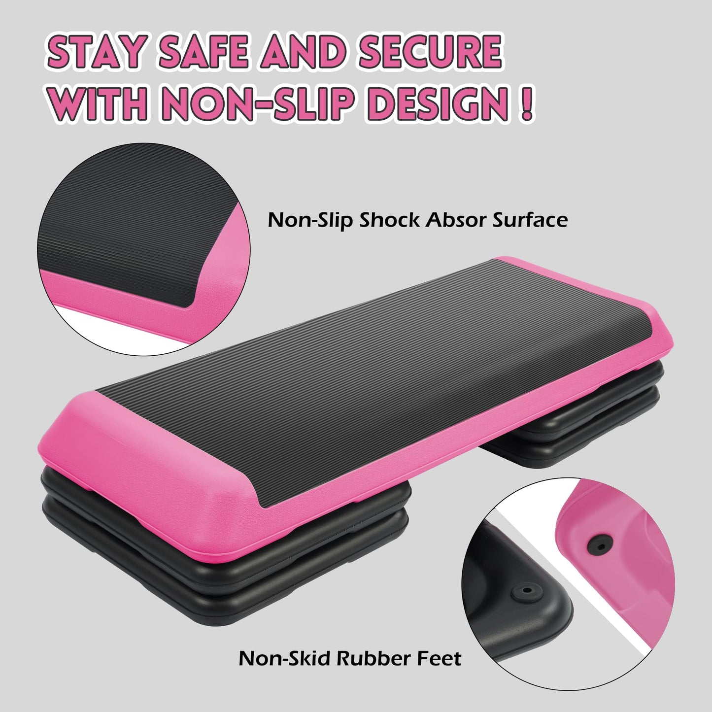 Fitvids 43''x 16'' Adjustable High Step Aerobic Step Platform with 4 Stackable Risers, Workout Step Platform for Exercise at Home, Stepper with Non-Slip Surface for Fitness Training, Cardio Strength, Pink