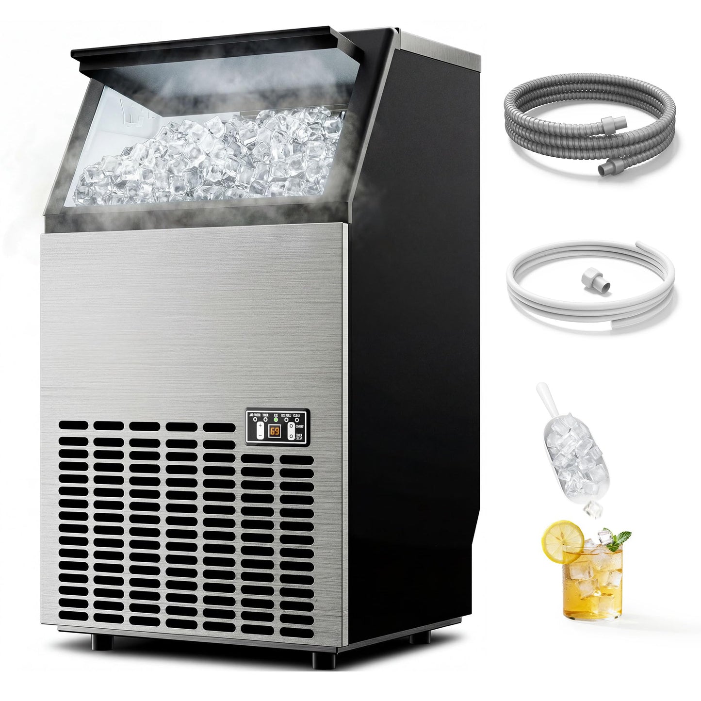 EUHOMY Commercial Ice Maker Machine - 100lbs Daily Production, 33lbs Ice Storage, Stainless Steel Freestanding & Under Counter Ice Maker, Ideal Ice Maker for Home/Bar/Restaurant/Outdoor Activities