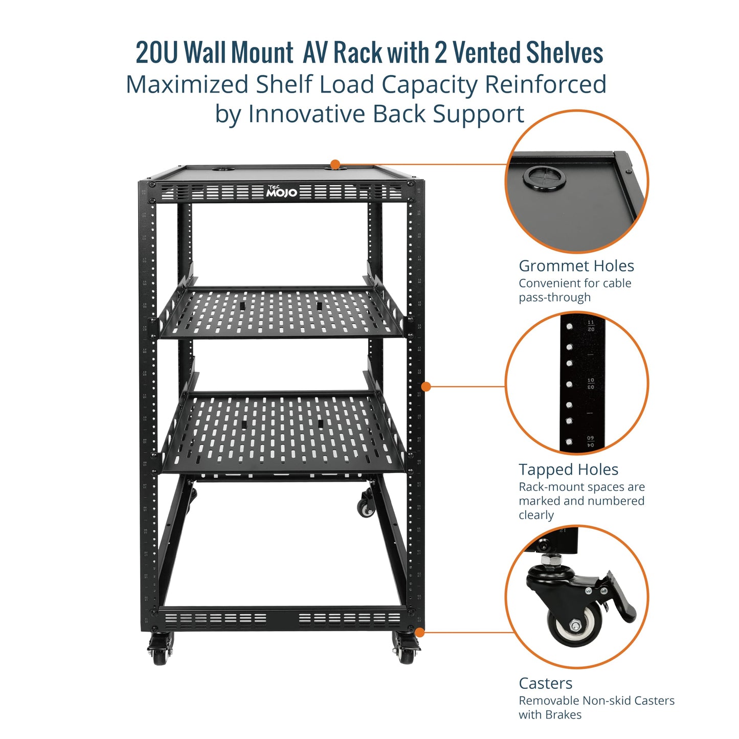 TECMOJO 20U Open Frame Network Rack for IT & AV Gear, 4-Post With Casters, Mobile With 2 PCS 1U Server Shelf & Mounting Hardware, for 19" Network, Audio and Video Device