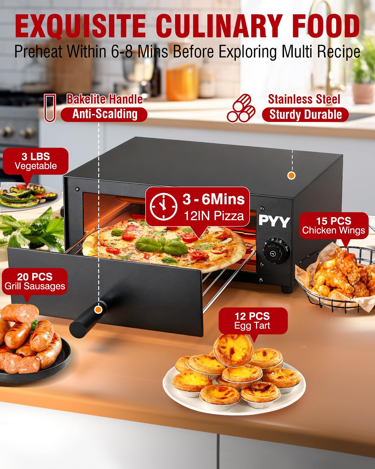PYY Pizza Oven Electric - 12 Inch Tabletop Pizza Oven Indoor Stainless Steel Professional Pizza Cooker Baker Countertop with Timer & Crumb Tray for Home Restaurant 1100W,Black
