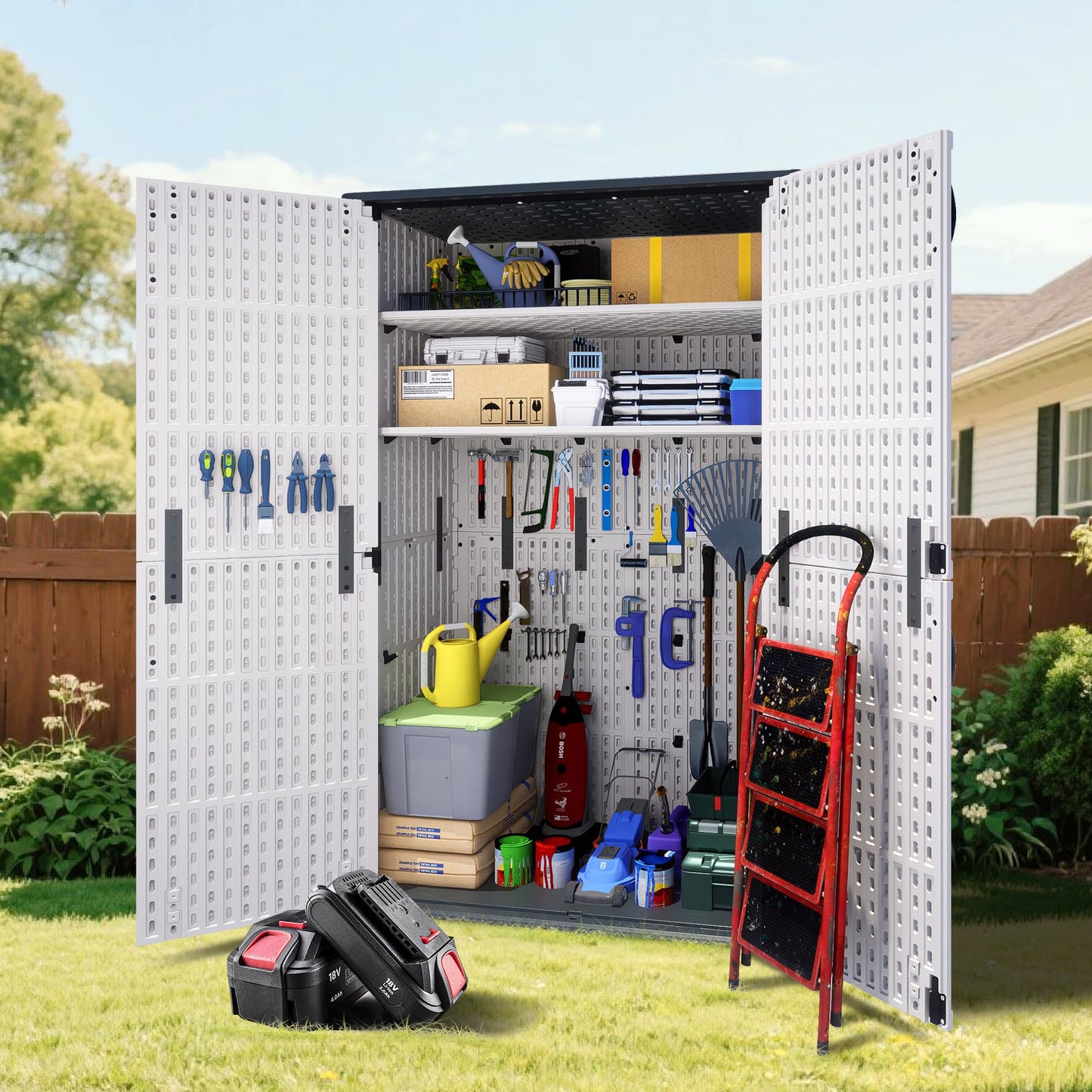 Greesum Outdoor Storage Cabinet Without Shelves, 45 cu.ft Outdoor Waterproof Storage Shed for Garden Tools, Pool Storage, Garbage Cans, White