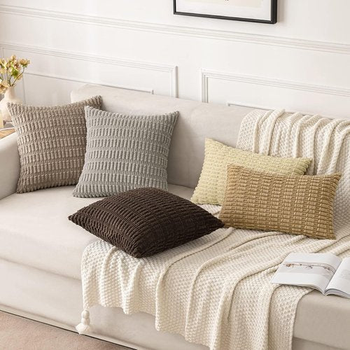 MIULEE Euro Sham Pillow Covers - Soft Boho Striped Corduroy | 22x22 Inch Light Brown Decor for Sofa & Bed