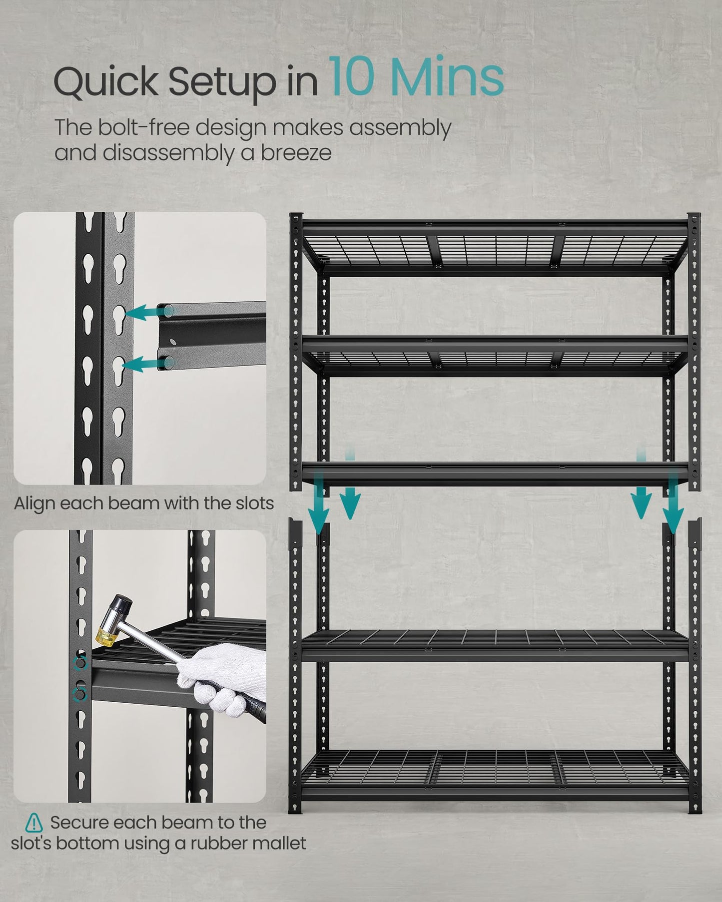 SONGMICS 5-Tier Storage Shelves, Heavy-Duty Garage Shelving, Adjustable Shelving Unit, Steel Shelf, Boltless Assembly, for Garage, 2,200 lb Load, 24 x 48 x 72 Inches, Ink Black UGLR454B01