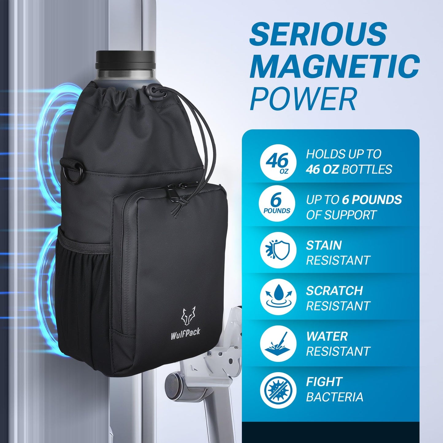 WulfPack Magnetic Gym Bag, Magnetic Bottle Bag, Water Bottle Carrier Holder with Large Phone Pockets, Large Pockets, Gym Bag, Work, and Sports (Black)