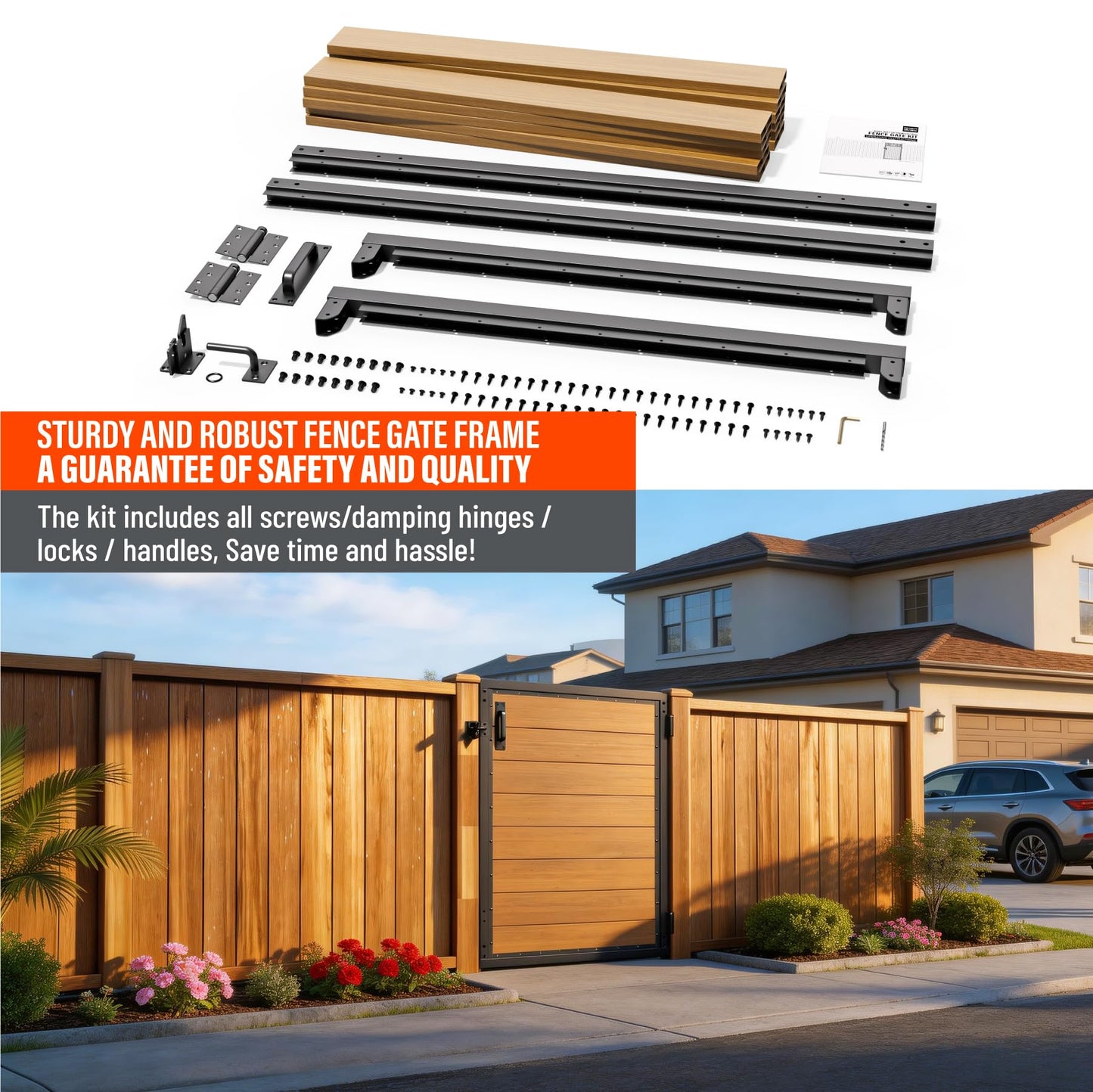 Uphode 3x4 FT(34.8" x 47.2") 201 Stainless Steel Fence Gate Kit Heavy Duty, Anti Sag Metal Fence Gate Frame Kit with Board, Morden Garden Gate Hardware Kit Outdoor (Left/Right Free-Installation)