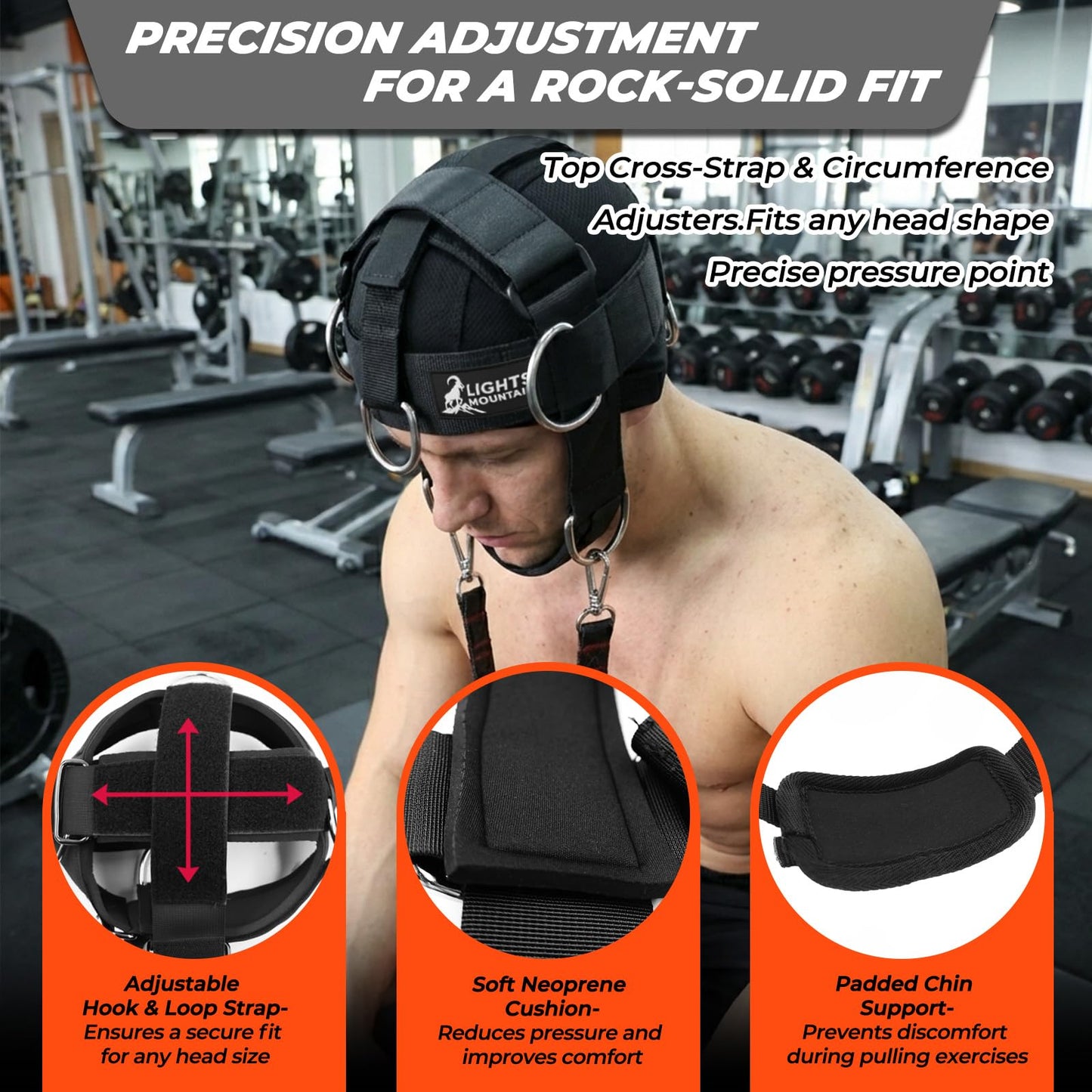 Lights Mountain Adjustable Neck Harness for Weight Training with 6 D-Rings, Includes Skull Cap, Resistance Band & Loading Strap - Adjustable Head Harness for Neck Strengthening & Resistance Workout