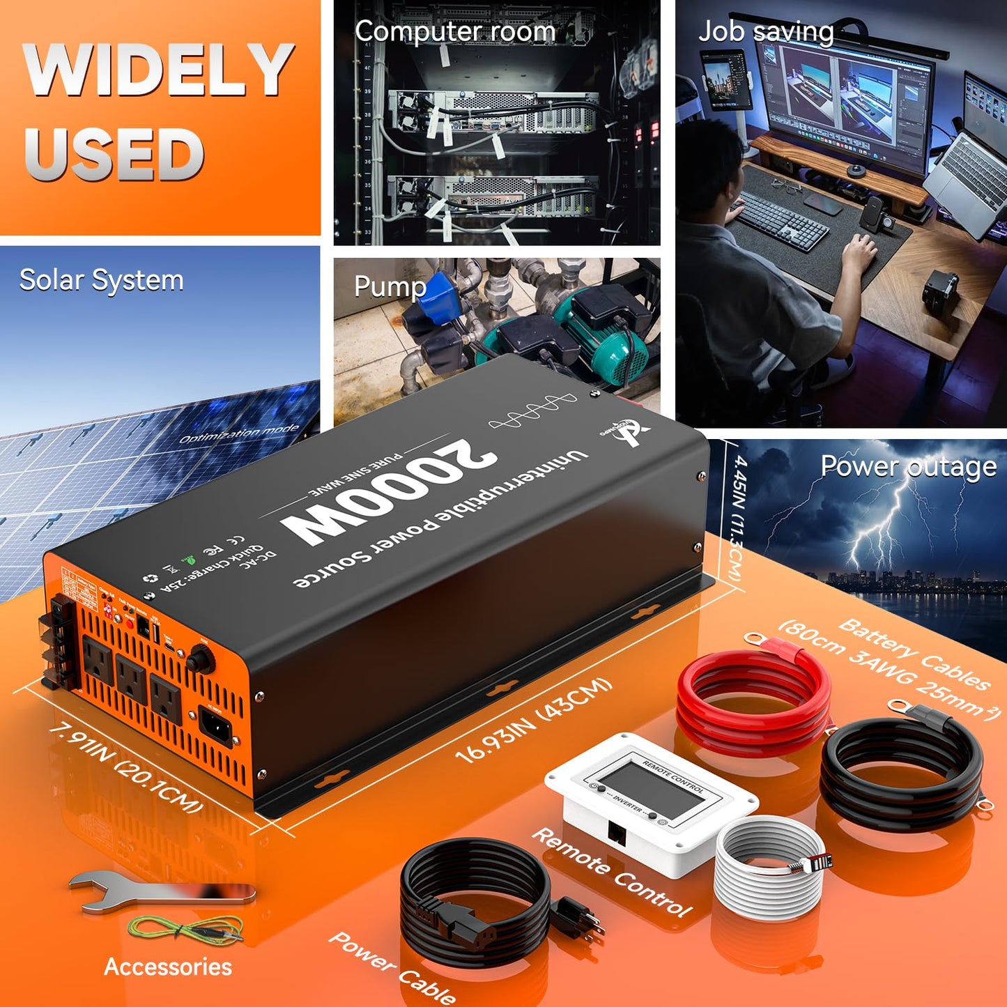 2000 Watt Sump Pump Battery Backup System, Pure Sine Wave Output, Professional Backup System in The Event of a Power Outage, Remote Controller with LCD Screen, Automatic Grid and Battery Switchover