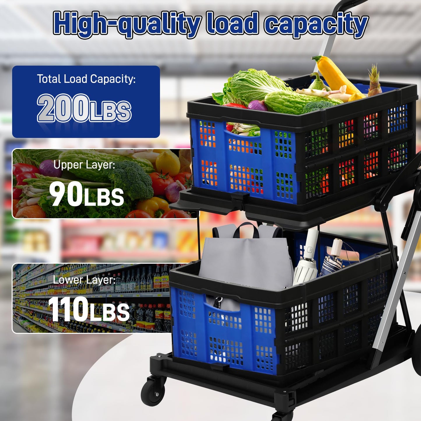 Collapsible Shopping Cart with 2 Bins Grocery Cart on Wheels Multi Use Two Tier Folding Cart for Farmers Market,Kitchen,Grocery Shop