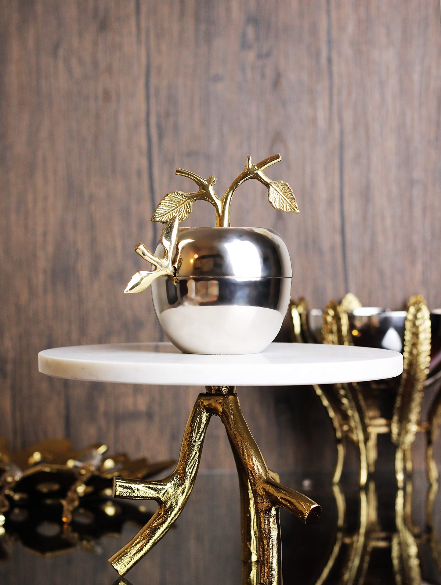 Silver Honey Jar Dish, Apple & Leaf Honey, Jam Server with Dipper Spoon Ideal for Serving Honey, Jams, Jellies, Gorgeous Gold Leaf Spoon, Stainless Steel & Brass, Everyday Rosh Hashanah & any Occasion
