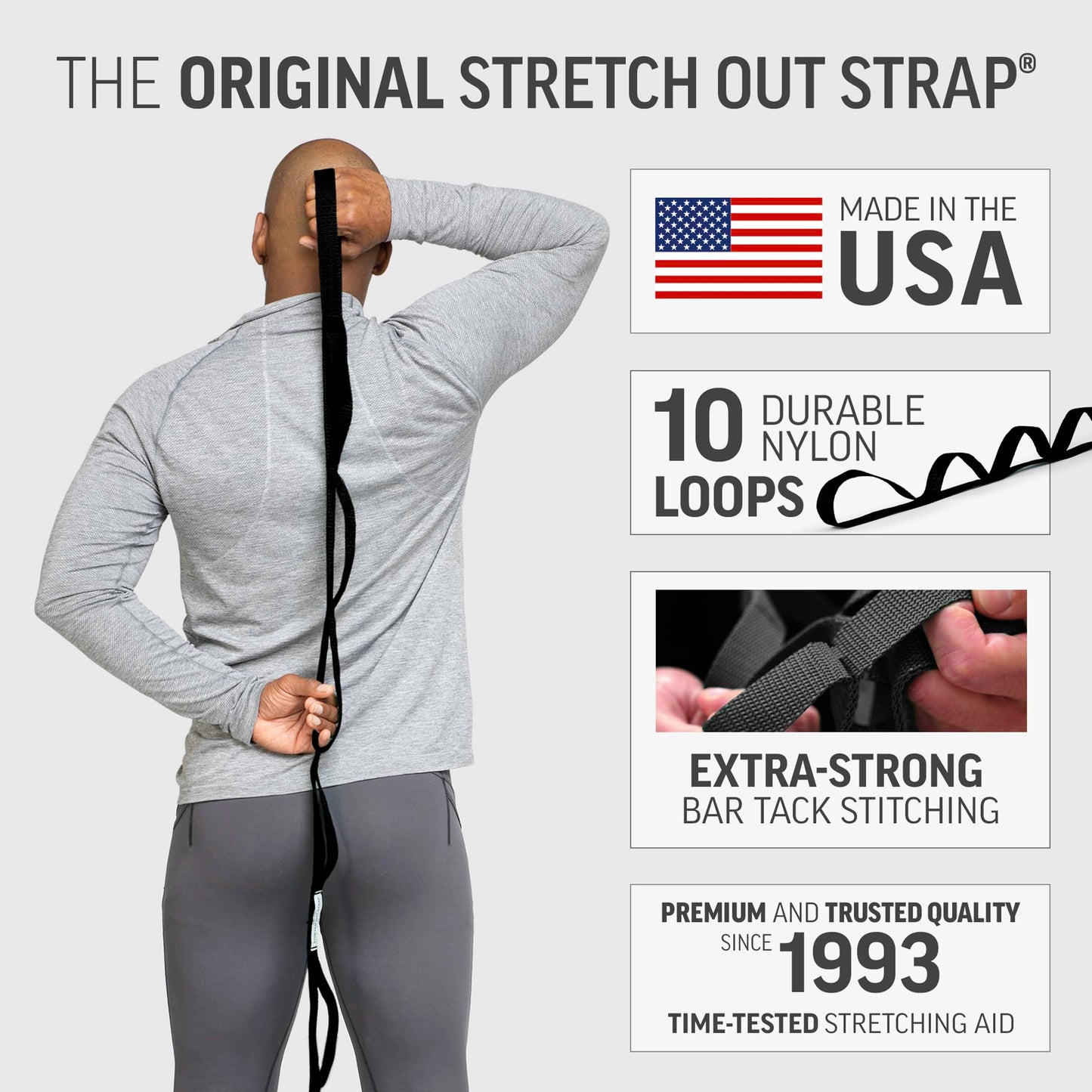 OPTP The Original Stretch Out Strap XL with Exercise Book, USA Made Stretch Out Straps for Physical Therapy, Yoga Stretching Strap or Knee Therapy Strap - Ten Loops, 7'5" Strap