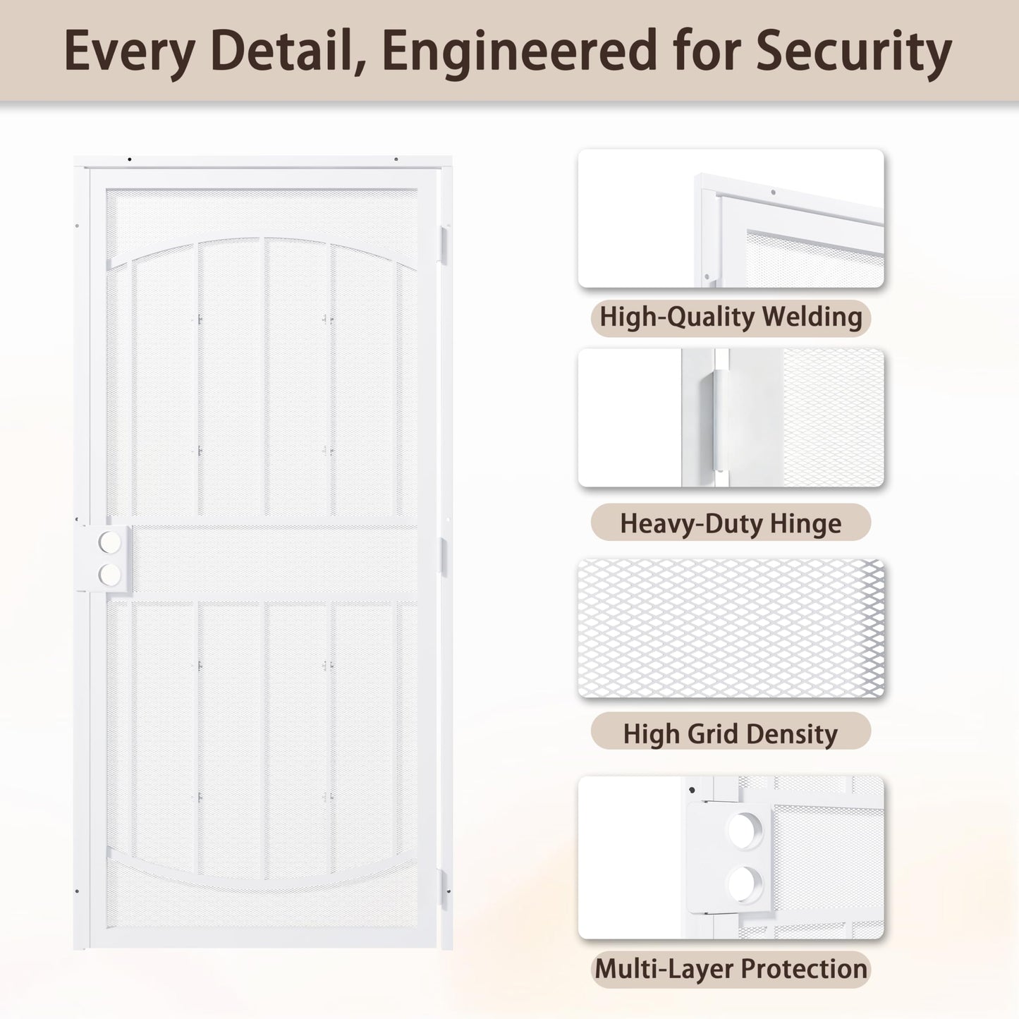 JUBEST 36" x 80" Steel Security Door, Universal/Reversible Outswing Security Screen Door, White Powder-Coated Surface Mount Frame with Expanded Metal Screen, Rust-Resistant, No Handles Included