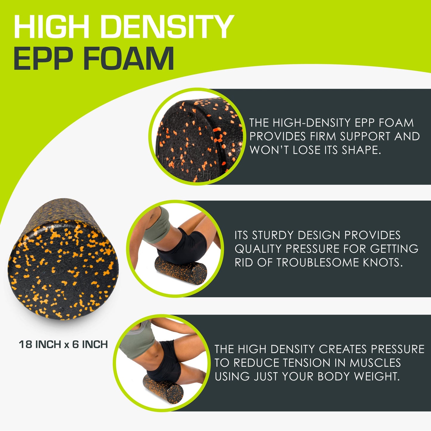 ProsourceFit High Density Foam Rollers 18 - inches long, Firm Full Body Athletic Massage Tool for Back Stretching, Yoga, Pilates, Post Workout Muscle Recuperation, Black/Orange