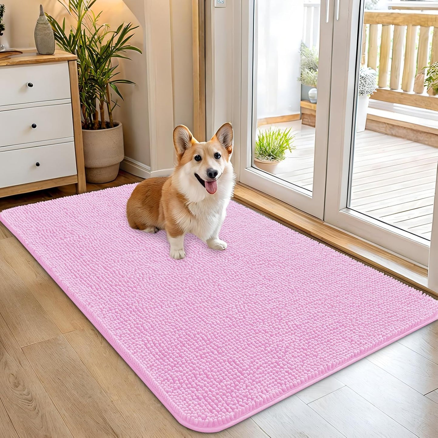 OLANLY Dog Door Mat - Absorbent Non-Slip Chenille Mat for Muddy Paws | 45x27 Inches, Quick Dry, Pink