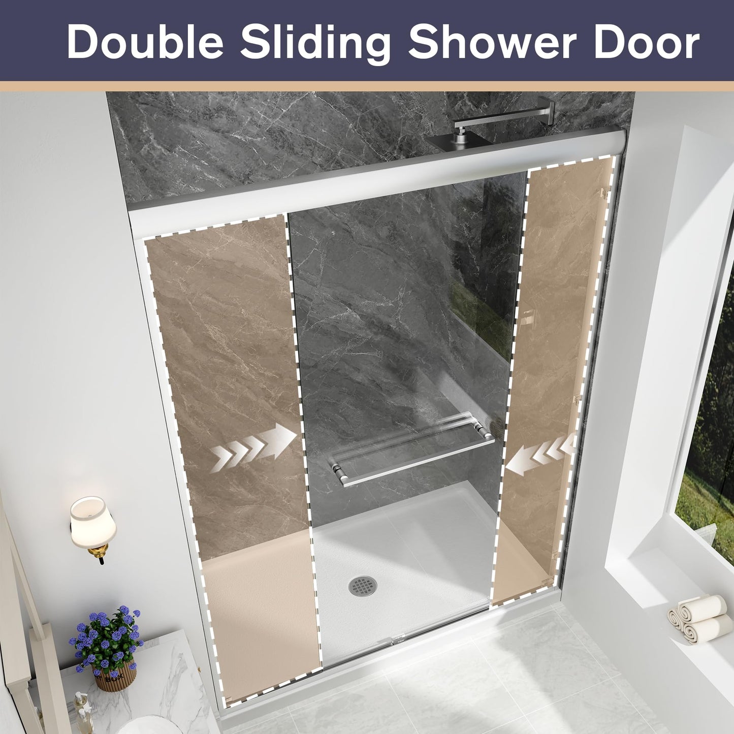 EASYWORC Double Sliding Shower Door, 55"-60" W x 70" H Semi-Frameless Glass Shower Door, 1/4'' (6mm) Clear SGCC Tempered Glass with Explosion-Proof Film and Nano Coating, Brushed Nickel