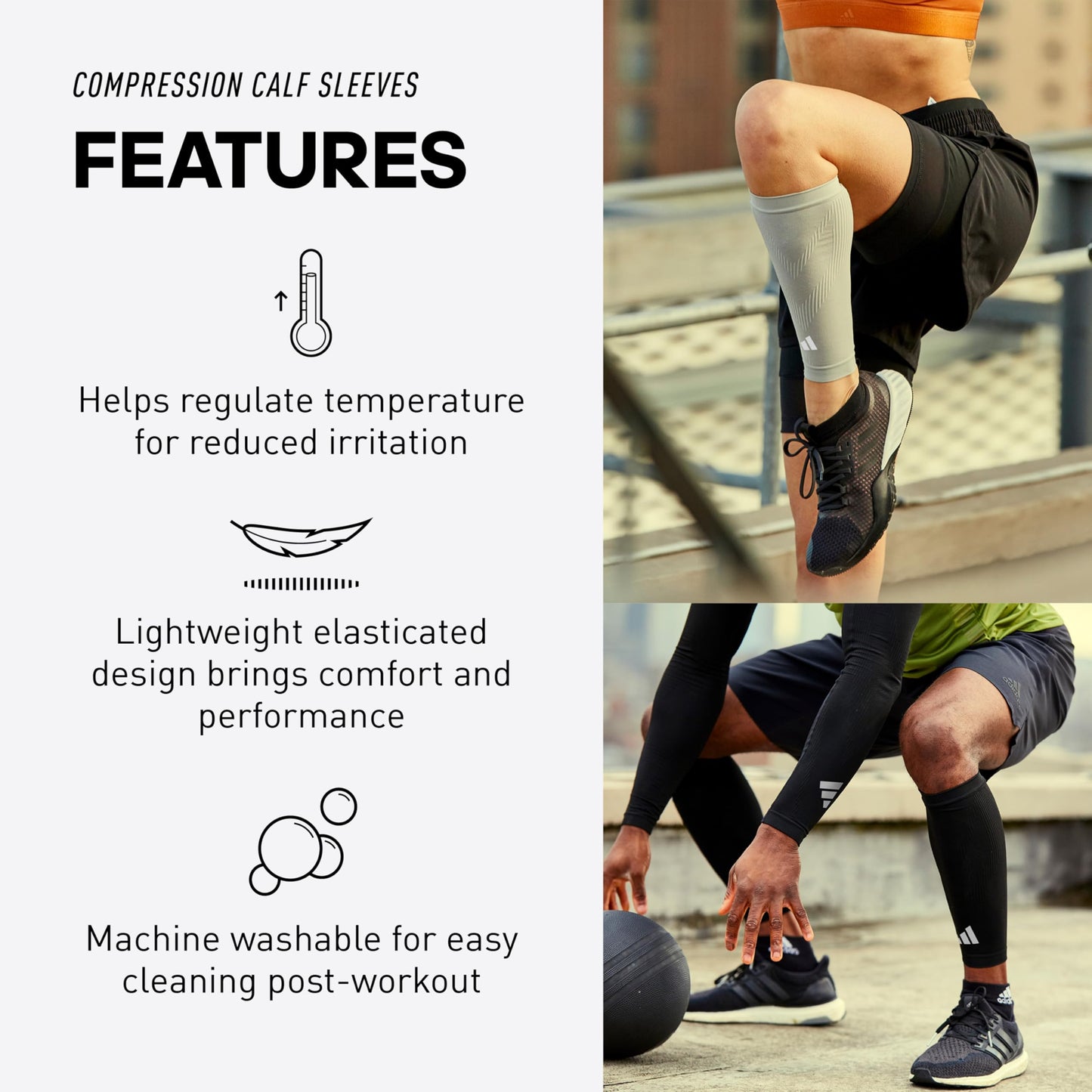 adidas Calf Compression Sleeves for Women and Men - Pair of Calf Sleeves for Running, Training, and Stronger Workouts - Breathable and Lightweight - Durable Calf Compression Support - White, S/M
