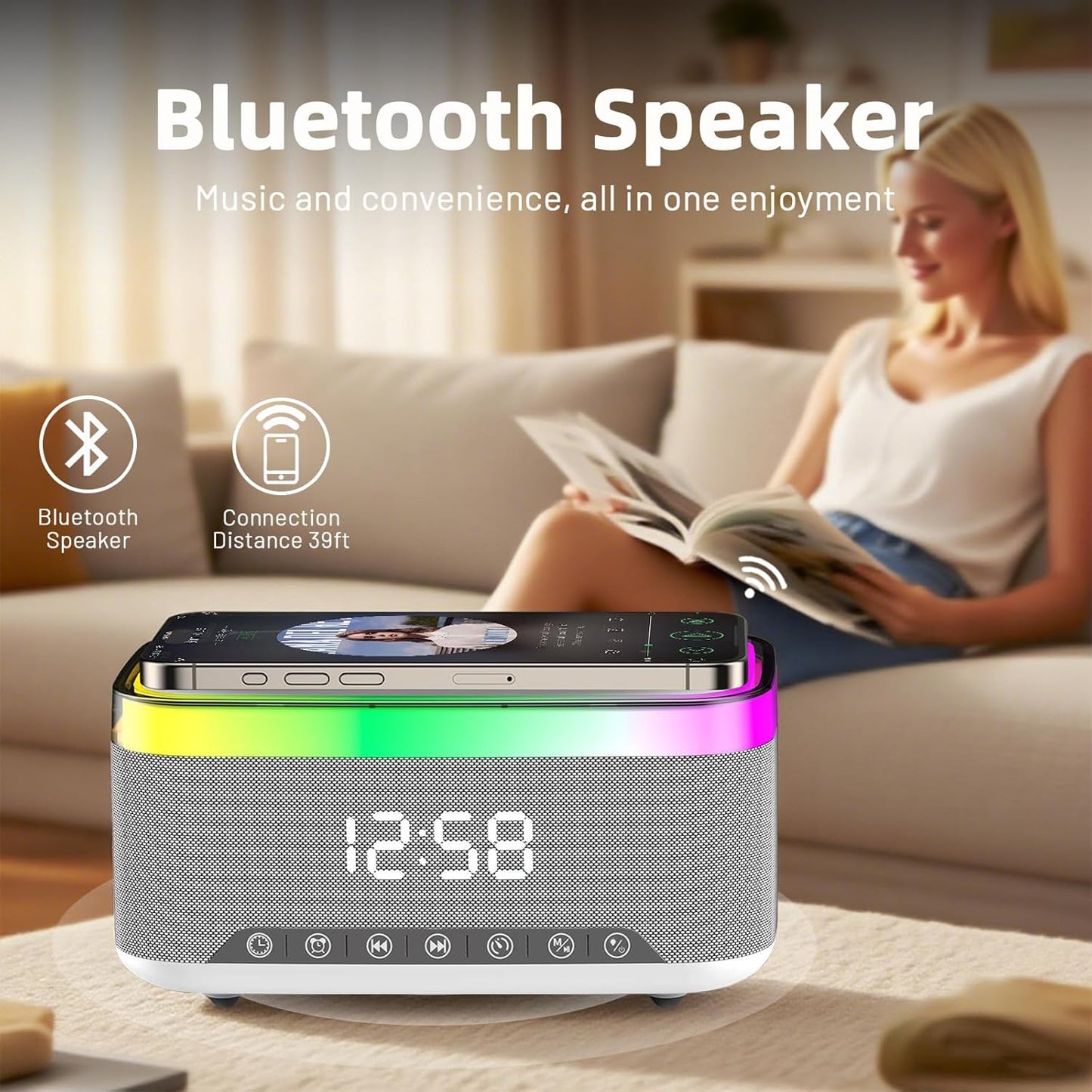 Strackvial 15W 2x10W 6 BT5.3/AUX/TF/USB, Bluetooth Speaker with Wireless Charging & Digital Clock, LED Display, Qi