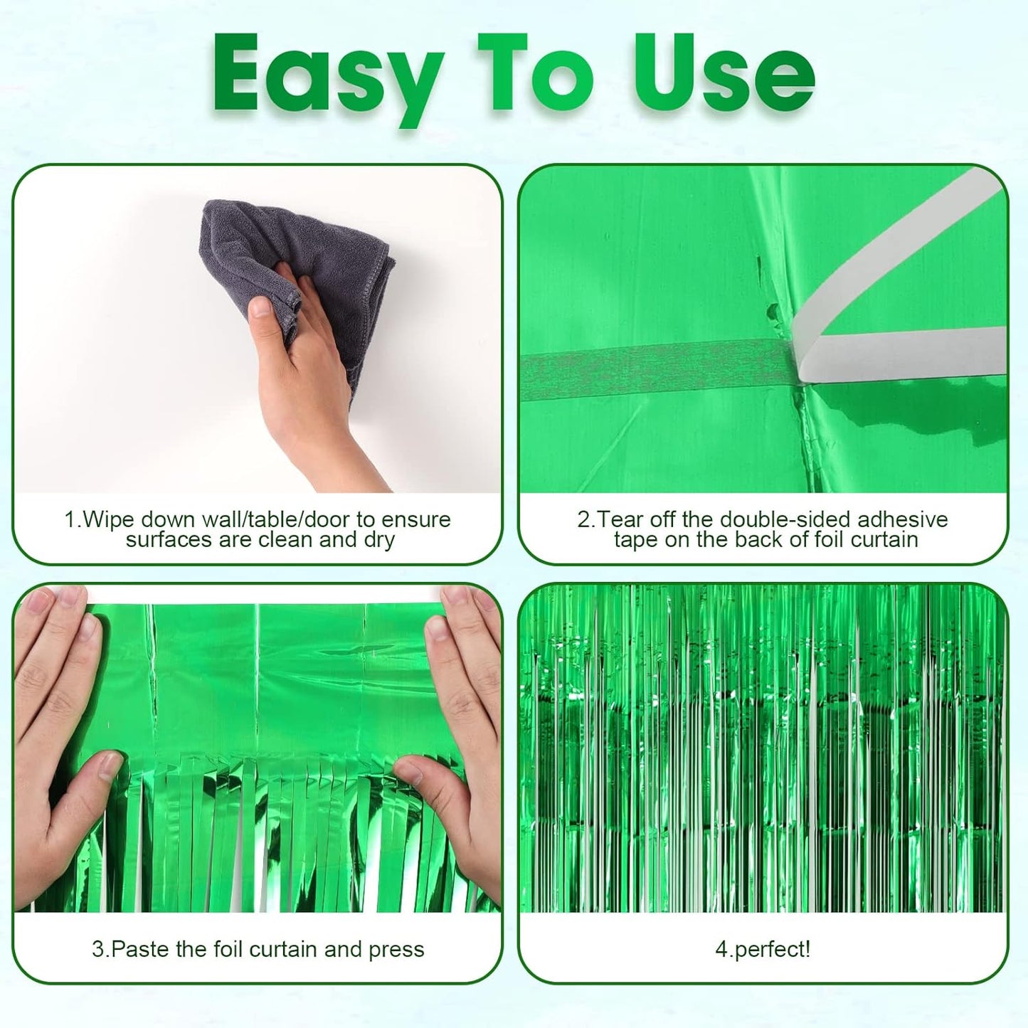 Voircoloria Green Foil Fringe Backdrop Curtains - 3 Pack Tinsel Streamers for Parties | 3.3x8.2 Feet