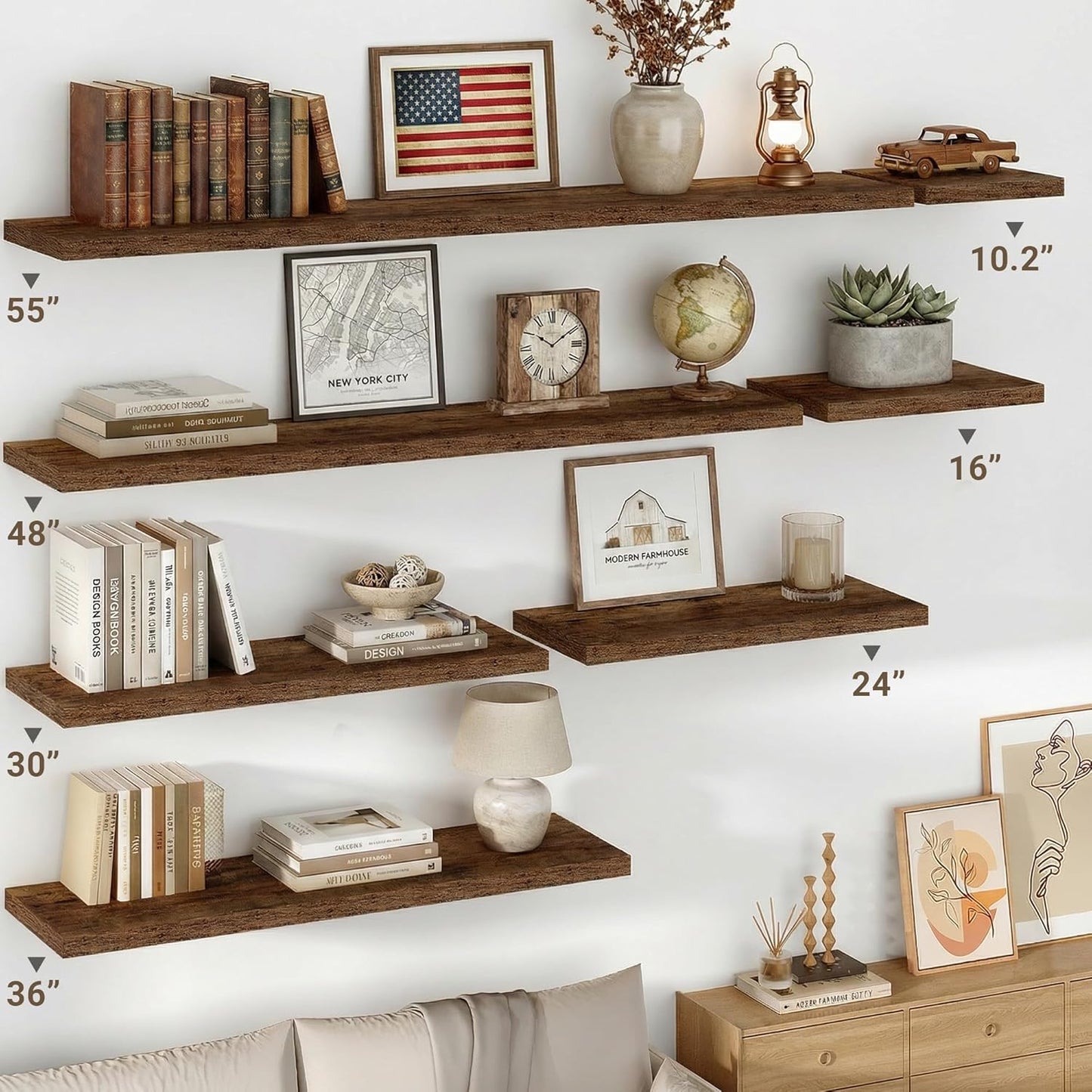 Vivelove 10 Inch Deep Floating Shelves - Set of 2 Rustic Brown Wall Shelves with Invisible Brackets for Home Decor