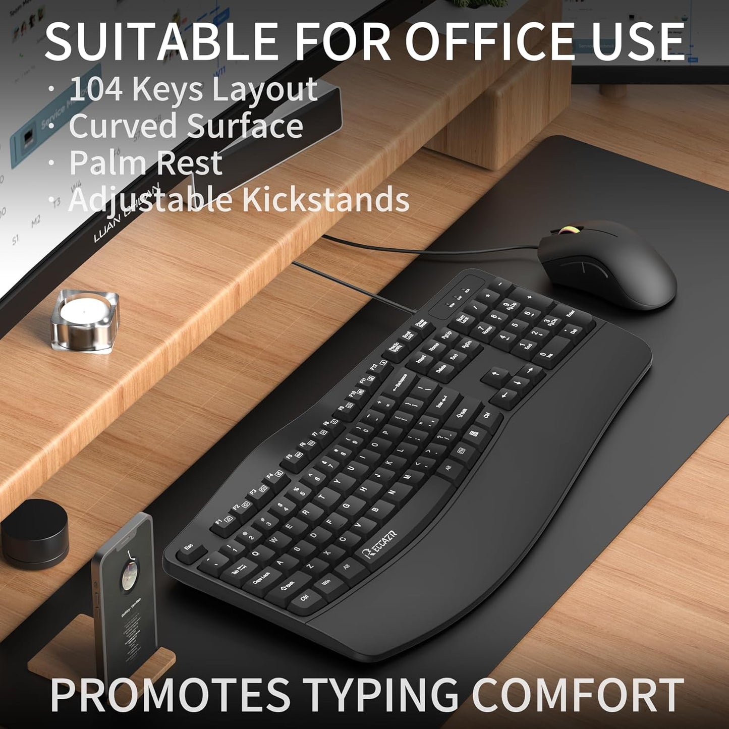 RECCAZR Ergonomic Keyboard, Wired Computer USB Keyboard with Wrist Rest, Spill-Resistant, Wave Keys for Natural Typing