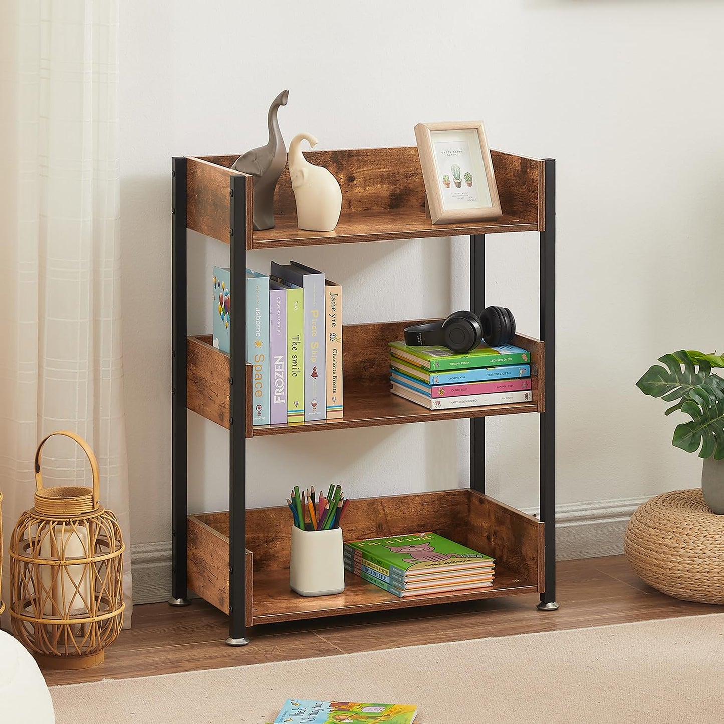 VECELO Bookshelf,Small Bookcase,3-Tier Storage Organizer,Industrial Shelving Unit for Home Office,Living Room,Dormitory,30" H,Retro Brown