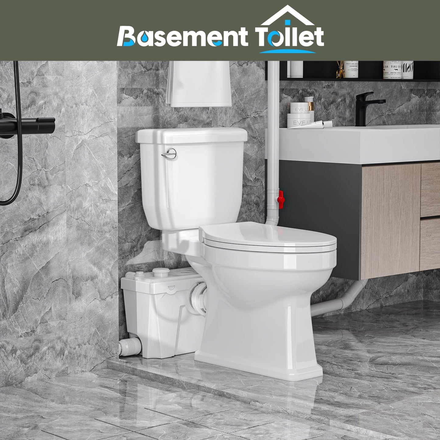 Macerating Toilet with 4 Water Inlets – Upflush Toilet System with Macerator Pump for Basement, Bathroom, Kitchen, and RV Installation – Round Bowl Toilet with Tank & Extension Pipe