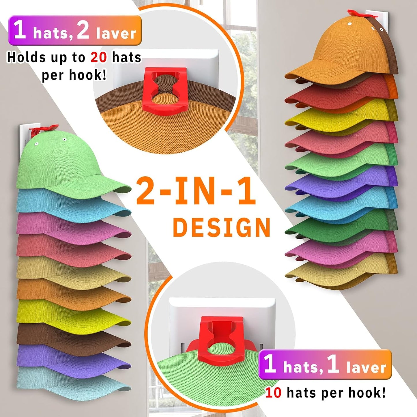 Volnamal Hat Organizer - 2 Pack Baseball Cap Rack Holds Up to 40 Hats | Space-Saving Wall Storage (White & Color)