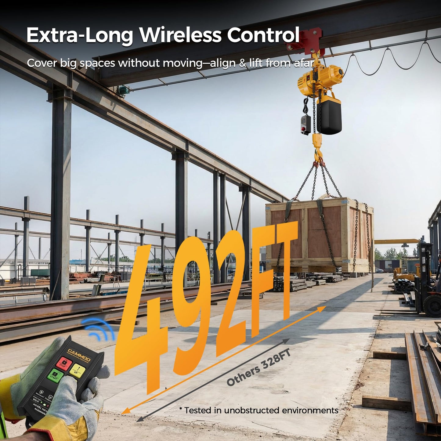 CAMMOO Electric Chain Hoist, 2200 lbs Load, 20 ft Lifting Height, Extended 492 ft Wireless & 20 ft Wired Remote Control, Brushless Copper Motor, DT Carburized Chain, IP65 for Warehouse, Construction