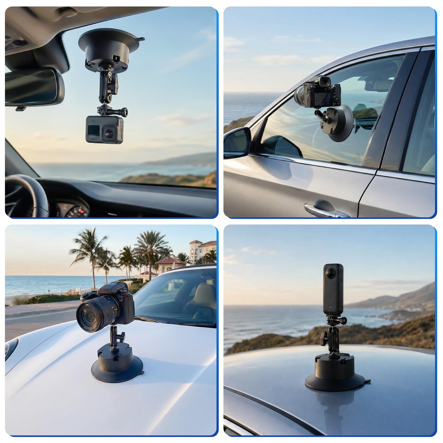Jakenfou 6" Electric Camera Suction Cup Mount Kit with Display, 5KG Max, 1-Week Battery for Action Camera/Phone on Car/Windshield